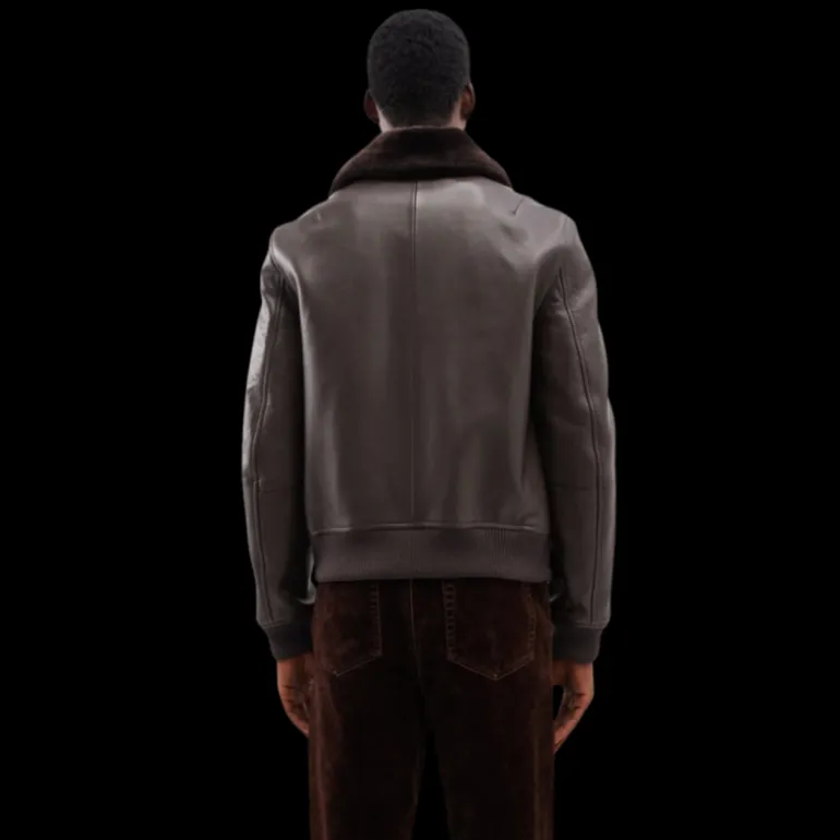 YVES SALOMON Blouson cuir marron intérieur col shearling marron chocolat